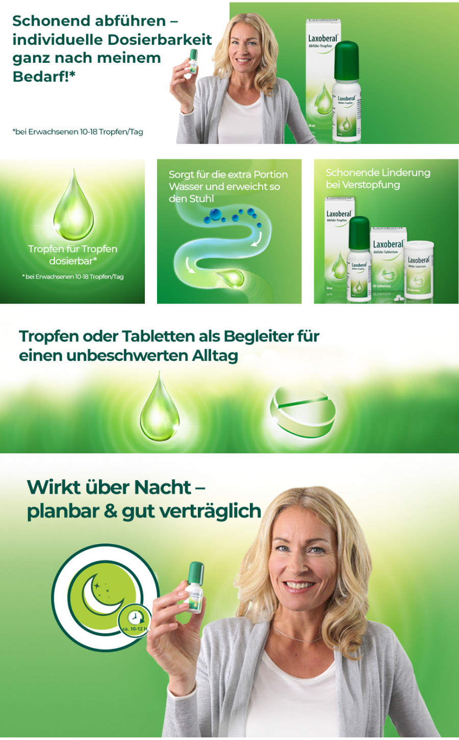 Collage mit Laxoberal-Produktabbildungen und einer Frau. Produktname und Text.